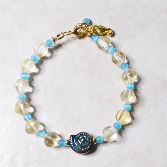 Beaded Beach Bracelet - Aqua & Yellow Shell + Seahorse Charm ~Beauty & The Beach - Picture 1 of 11